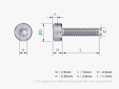 M2.5x12 Socket Head Cap Machine Screws (SHCS)