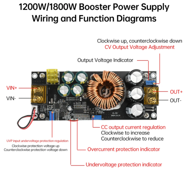 1800W 40A Boost Converter DC-DC Step Up Power Supply Adjustable Module DC10V-60V to 2V-90V